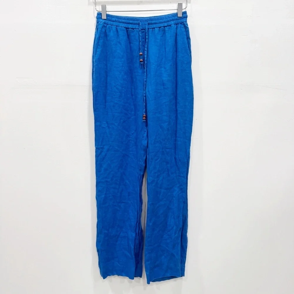 Zara Linen Trouser Pant Lightweight Vacation Cobalt Blue Medium